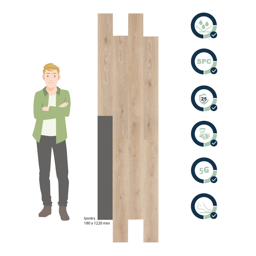SPC kvarca vinils ar ozola koka tekstūru, nodilumu izturība 23 klase 25 gadi garantija, 33 klase, izturīgs, ātri, ērti, vienkārši ieklājams, stabils, kvalitatīvs un ilgmūžīgs. 5Gi click, Valling, mitrumizturīgs, īpaši labs siltam estrich, OSB, saplākšņa grīdām. Laba siltumvadītspēja. Piedāvājam divslāņu parketu, dēļus.