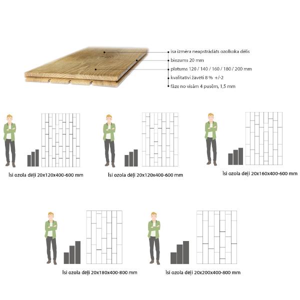 īsu ozolkoka dēļu parametri, attiecībā pret cilvēka augumu lai varētu proporcionāli saprast dēļu ģeometriju un parametrus