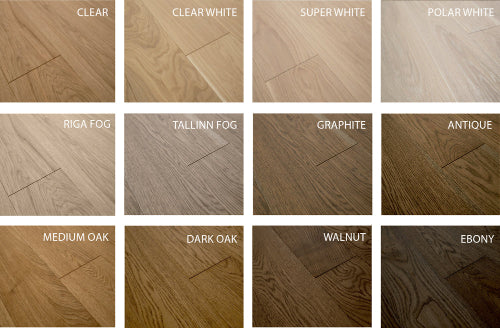 Grīdas parkets piedāvā plašu krāsu klāstu, all colour clear wax, clear white, super white wax, polar white wax, Riga fog, Tallinn fog, graphite, antique, medium oak, dark oak, walnut, ebonylai atbilstu dažādām dizaina vēlmēm un interjeriem. Šie krāsu toņi nodrošina plašas iespējas pielāgot grīdas dizainu saskaņā ar individuālajām vēlmēm un vidi, kurā tiek ieklātas grīdas dēļi. Visi mūsu toņi ir izstrādāti, izmantojot augstas kvalitātes eļļas, nodrošinot estētisku. Amberwood ozola grīda – eleganti masīvko