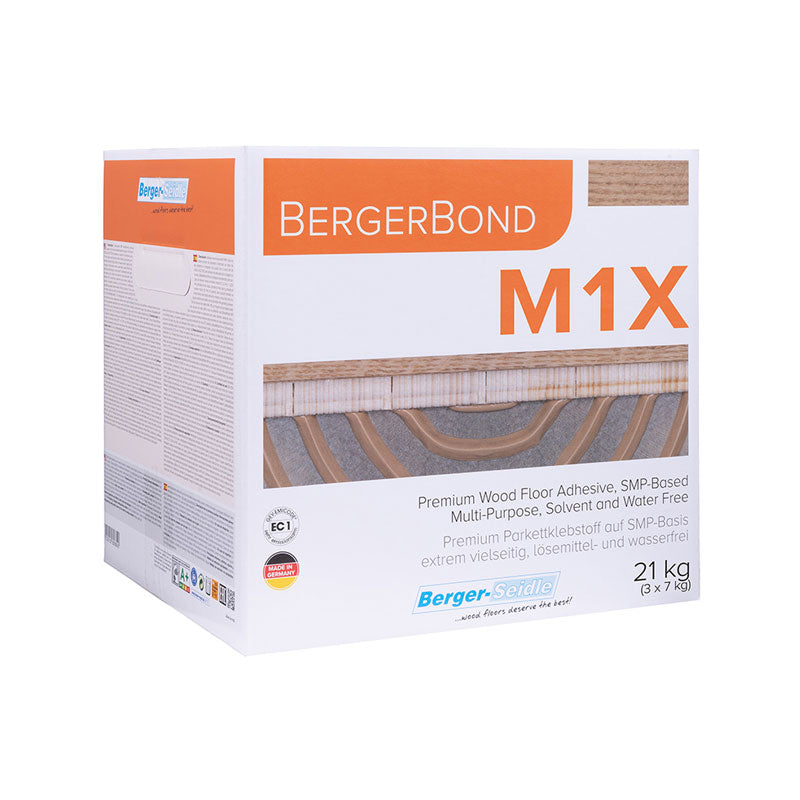 Berger-Seidle expert choice - BergerBond M1 X ir viena komponenta elastīga līme, kas piemērota divslāņu, trīsslāņu un daudzslāņu parketa un dēļu līmēšanai uz betona klājuma, OSB un finiera pamatnes. Ja līme nokļūst uz gatavā parketa vai dēļiem, to var viegli notīrīt, neatstājot nekādus traipus. augstas kvalitātes, ar silānu modificēti stingri un elastīgi  poliuretāna izejmateriāli. silānu modificēta poliuretāna cieta/ elastīga līme parketam 