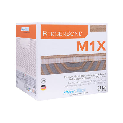 Berger-Seidle expert choice - BergerBond M1 X ir viena komponenta elastīga līme, kas piemērota divslāņu, trīsslāņu un daudzslāņu parketa un dēļu līmēšanai uz betona klājuma, OSB un finiera pamatnes. Ja līme nokļūst uz gatavā parketa vai dēļiem, to var viegli notīrīt, neatstājot nekādus traipus. augstas kvalitātes, ar silānu modificēti stingri un elastīgi  poliuretāna izejmateriāli. silānu modificēta poliuretāna cieta/ elastīga līme parketam 