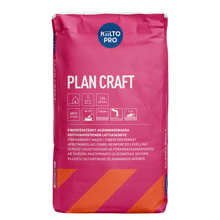 Kiilto Pro Plan Craft
Pašizlīdzinošs, sūknējams maisījums uz cementa bāzes
Ar šķiedrām pastiprināta, ar zemu sārmu saturu, ātri sacietējoša, sūknējams pašizlīdzinošais maisījums, kas paredzēts smagiem pielietojumiem jaunbūvēs un renovācijā. Nodrošina arī piemērotu pamatni, piemēram, epoksīdsveķu un PU pārklājumiem.