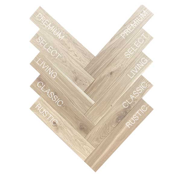 Augsta estētika un kvalitāte. Latvijas parketa ražotne Amber wood, Stalgen divslāņu un masīvas ozola koka grīdas segumi. Augsta kvalitāte par akcijas cenu. Herringbone, ozolkoka šķirojums rustic classic living select un premium katram šķirojumam savs tekstūras specifikācijas cits ar cits bez zariem, koka šķiedras kvalitātes un izskata kategorijām parketa ražošanā. Katram šķirojumam piemīt savi īpatnības attiecībā uz zaru klātbūtni un vispārējo koka izskatu. Šeit ir īss apraksts katram no šiem šķirojumiem: