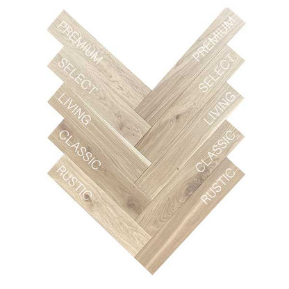 Augsta estētika un kvalitāte. Latvijas parketa ražotne Amber wood, Stalgen divslāņu un masīvas ozola koka grīdas segumi. Augsta kvalitāte par akcijas cenu. Herringbone, ozolkoka šķirojums rustic classic living select un premium katram šķirojumam savs tekstūras specifikācijas cits ar cits bez zariem, koka šķiedras kvalitātes un izskata kategorijām parketa ražošanā. Katram šķirojumam piemīt savi īpatnības attiecībā uz zaru klātbūtni un vispārējo koka izskatu. Šeit ir īss apraksts katram no šiem šķirojumiem: