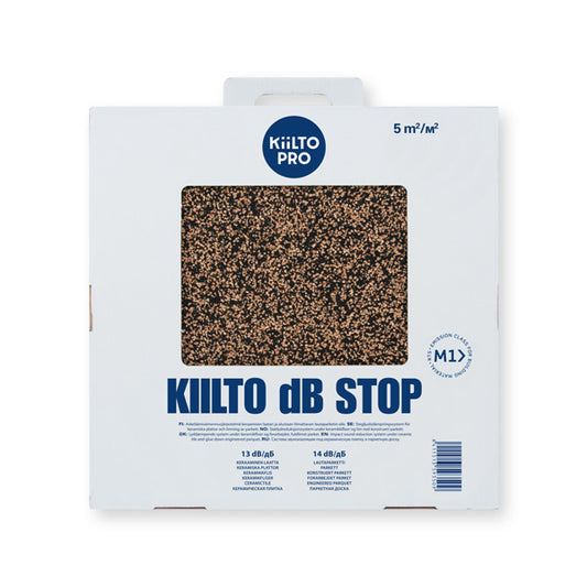 skaņas izolācijas plāksnes grīdai, Kiilto dB Stop – uzticams pamats klusām un stabilām grīdām. Tas ir izgatavots no 3 mm plāna korķa un gumijas kompozītmateriāla, kas nodrošina izcilu akustisko komfortu un samazina soļu trokšņus gan dzīvojamās, gan publiskās telpās.